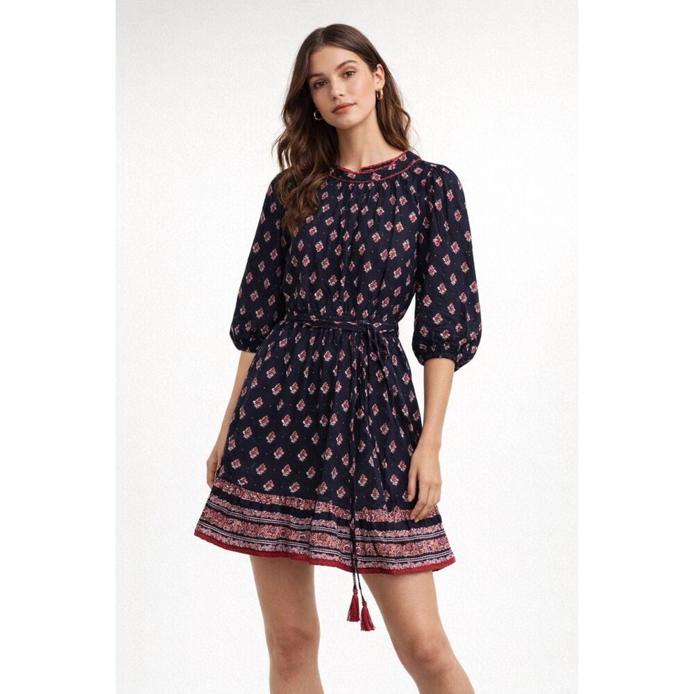 Anthropologie Angie Floral Dress Womens Large Black Tie Waist 3/4 Sleeve